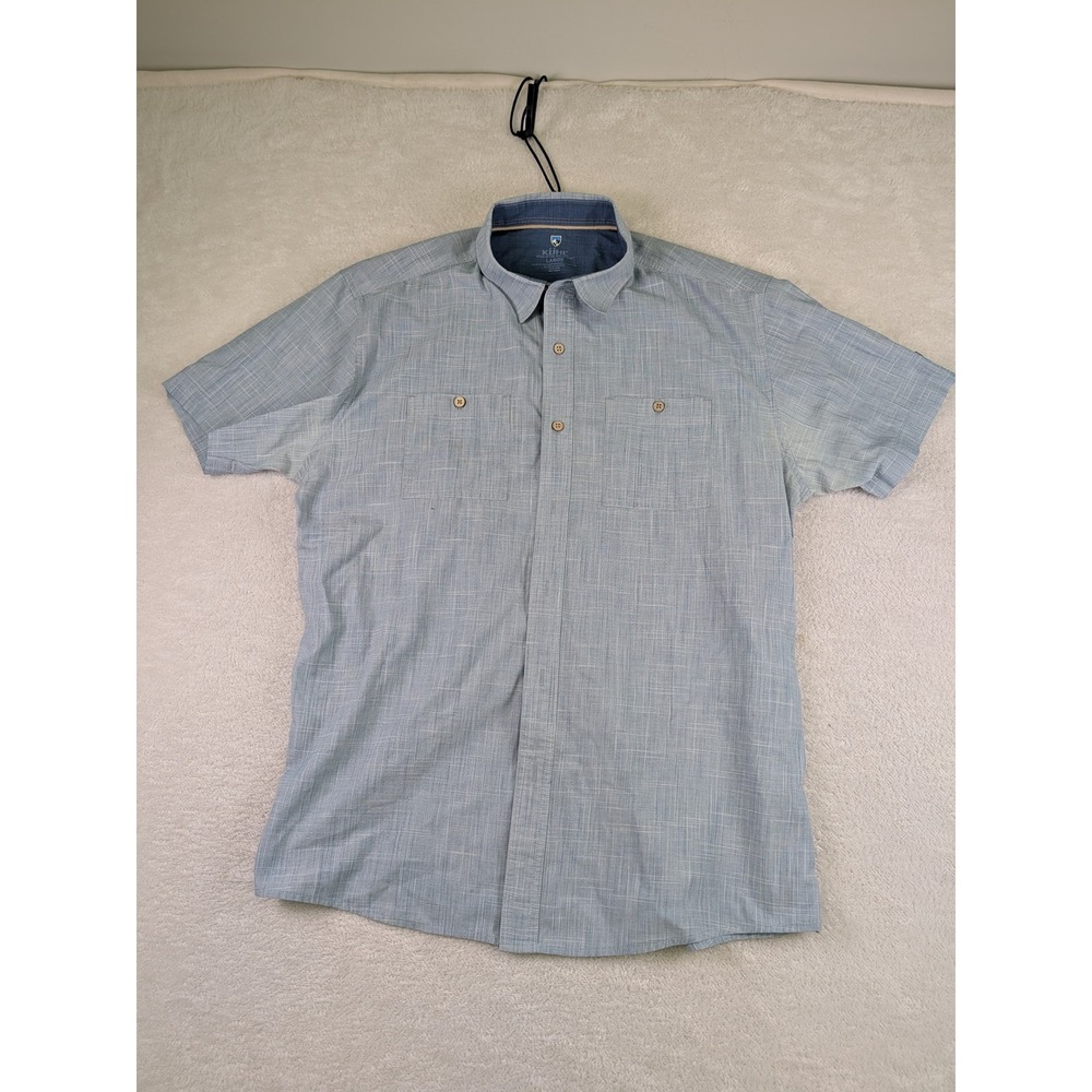 Kuhl Mens Short Sleeve Button Down Shirt Light Blue Slub Textured Hiking Large